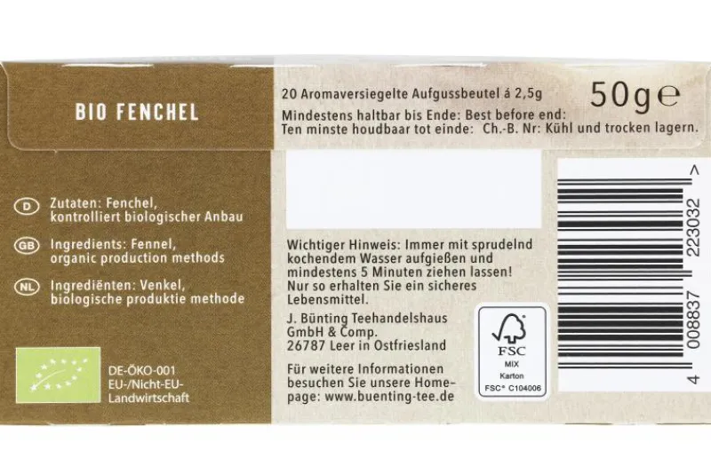 Kräutertee|Bünting Tee Bio-Fenchel20 x 2,50 g