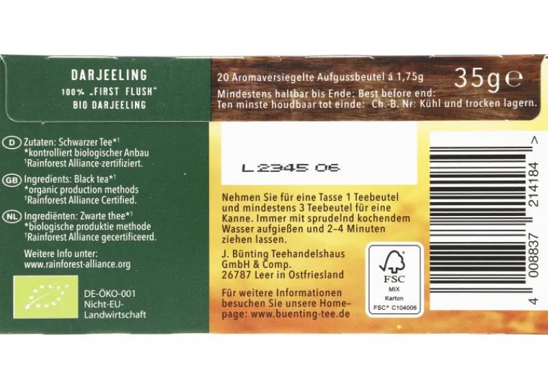 Schwarztee|Bünting Tee Premium Bio Darjeeling20 x 1,75 g