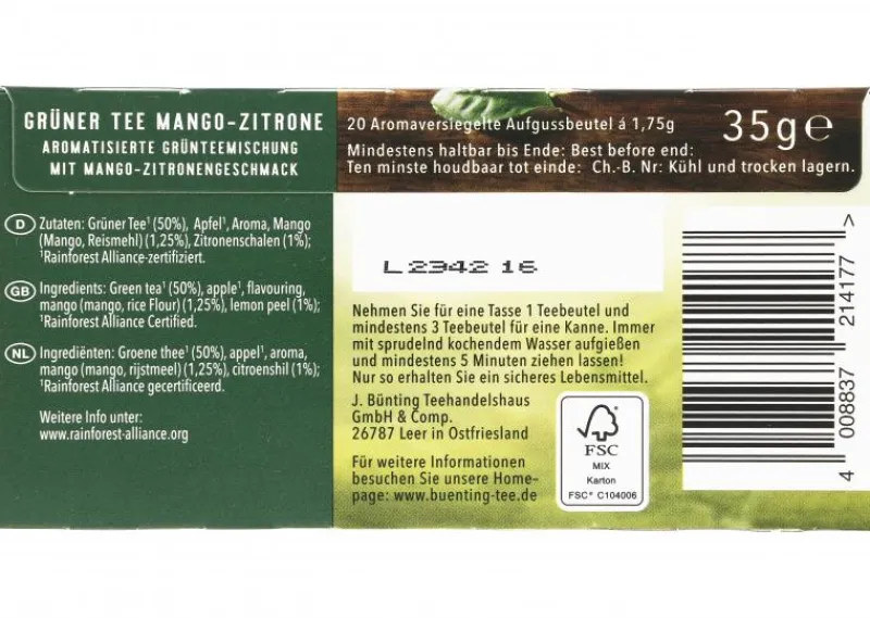 Grüntee|Bünting Tee Premium Grüner Tee Mango-Zitrone20 x 1,75 g